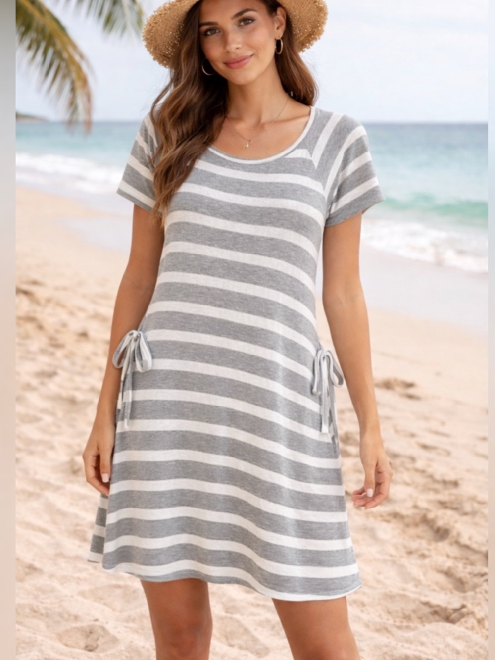 Eternelle Grey & White Striped Tie-Side Dress